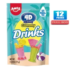 Full Box 12x Packs Amos 4D Fruit Gummy Drinks- 2.54oz Each