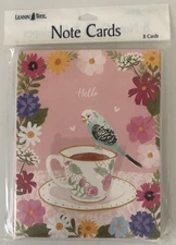 8 Leanin Tree Cards Blank Inside, HELLO, Cutest PARAKETE Bird on Teacup, Flowers