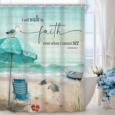 Beach Ocean Bible Verse 60Wx72H Shower Curtain Blue Teal Hawaiian Beach Chair...