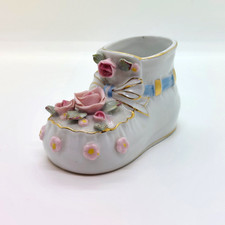 Napco Ceramic Baby Bootie Shoe With Pink Roses And Ribbon Gold Trim S148 Vintage