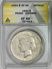 1921 Silver Peace Dollar, ANACS EF-40 Details, Cleaned
