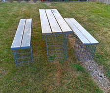 Outdoor Picnic Table & 2 Benches Set, Rectangle Wood Top Metal Wire Base Grey