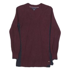 TOMMY HILFIGER Womens Maroon  Navy Patterned Jumper V-Neck Cable Knit XXS