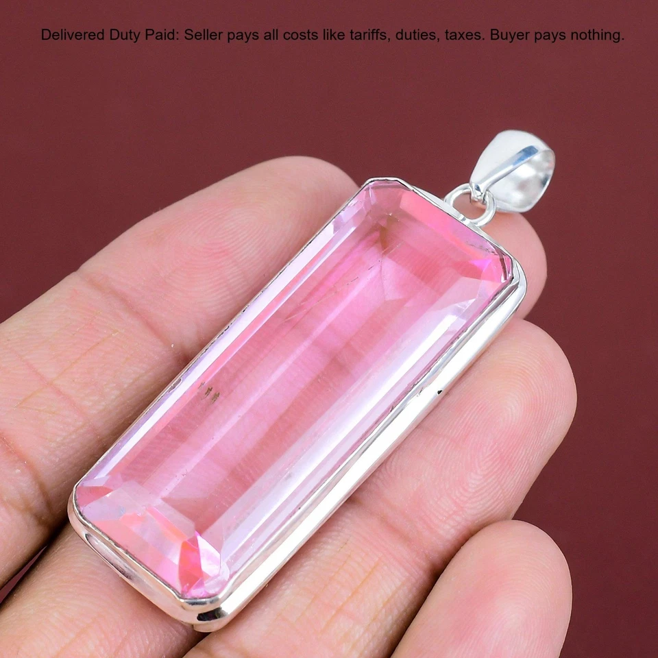 Nuevo Colgante Bisel Madre Boho Art Deco Plata Esterlina 925 Kuncita Rosa Natural Foto 3 de 4