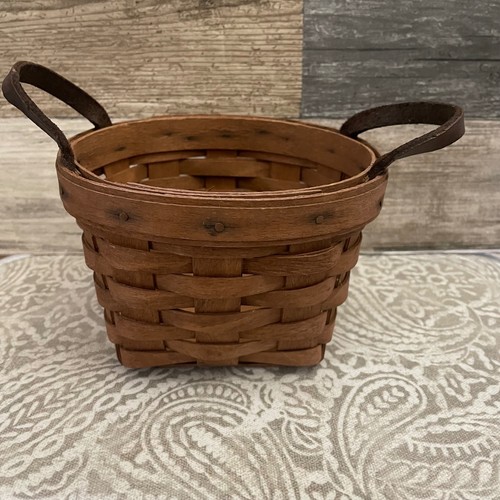 Longaberger Basket Handwoven Dresden Ohio USA Small Brown Leather Handles Rustic