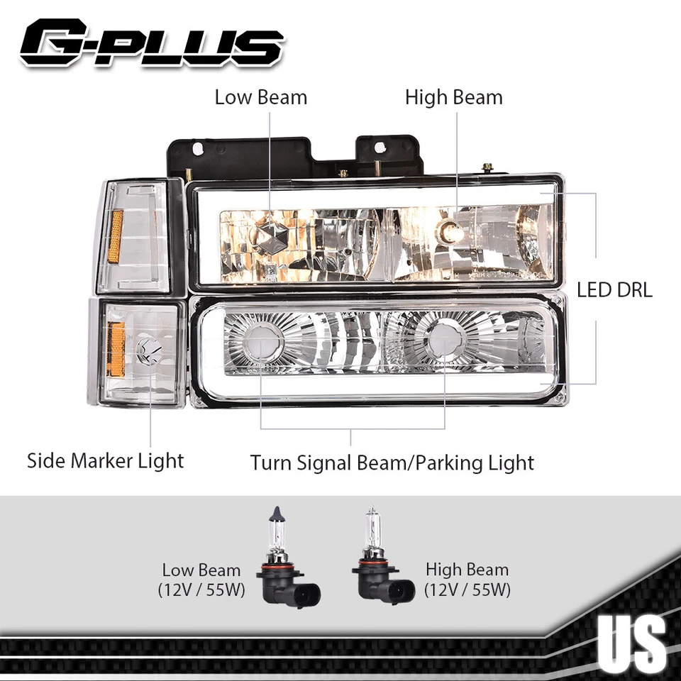 Светодиодные DRL прозрачные линзы хромированные фары подходят для 94-00 Chevy GMC C/K 1500 2500 3500 - Изображение 3 из 4