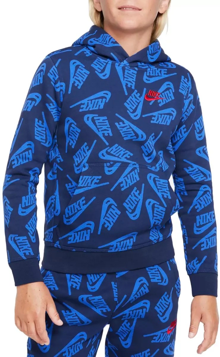Nike Sportswear Kids Boys Navy Red Print Pullover Hoodie