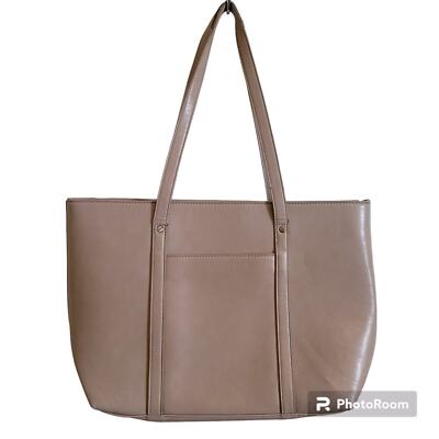 Classic Taupe Faux Leather Tote Bag Large Capacity Shoulder Handbag Work