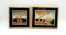 2 Small Vintage Cork Pictures Framed Tropical Sunset Boat Ship Tree Detailed