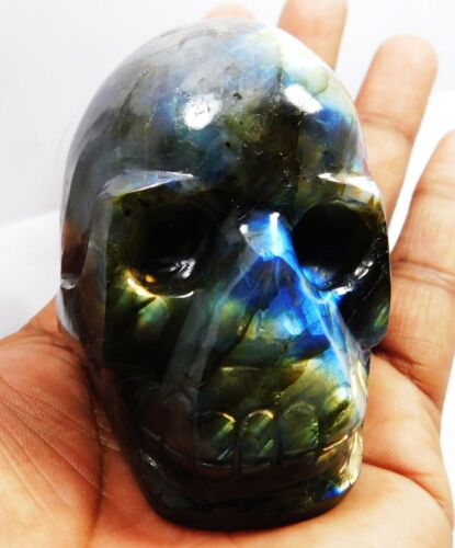 1649 Ct NATURAL Flash Labradorite Great Shine / Fire Hand Carved Skull Healing ~ - Picture 1 of 7