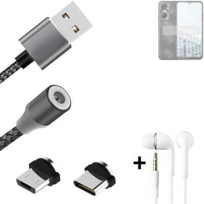 Daten-Lade-Kabel + Kopfhörer für Tecno Pop 6 Pro mit USB-Typ C u. Micro-USB