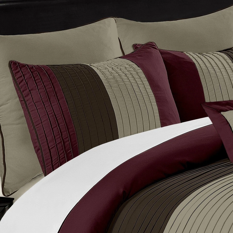 8-Piece Luxury Burgundy Brown Coffee Bedding Set Pleated Stripe Comforter Set - Image 3 of 3