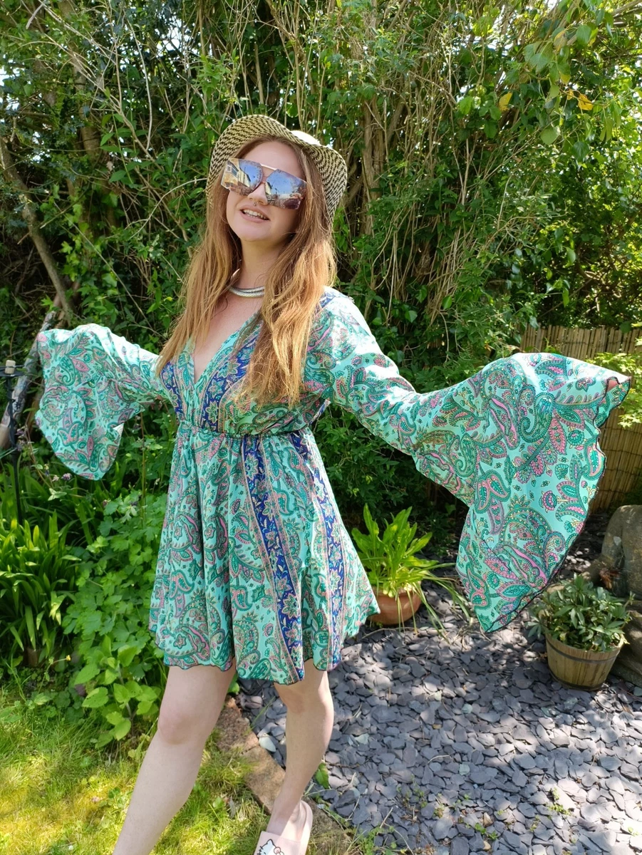 70s inspired boho mini dress, Bell sleeves, Paisley print, Hippy festival  mini