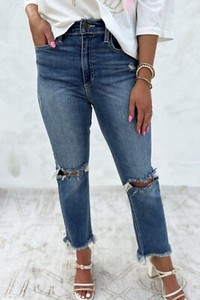 Sneak Peek Medium Washed Destroyed Knee/hem Straight Leg Jean In Size 28