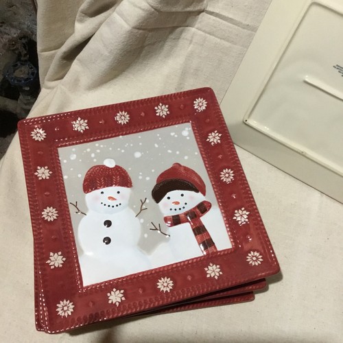 St Nicholas Square Warm Wishes 9 1/4" Square Dish Plate Snowman Christmas - Picture 3 of 3