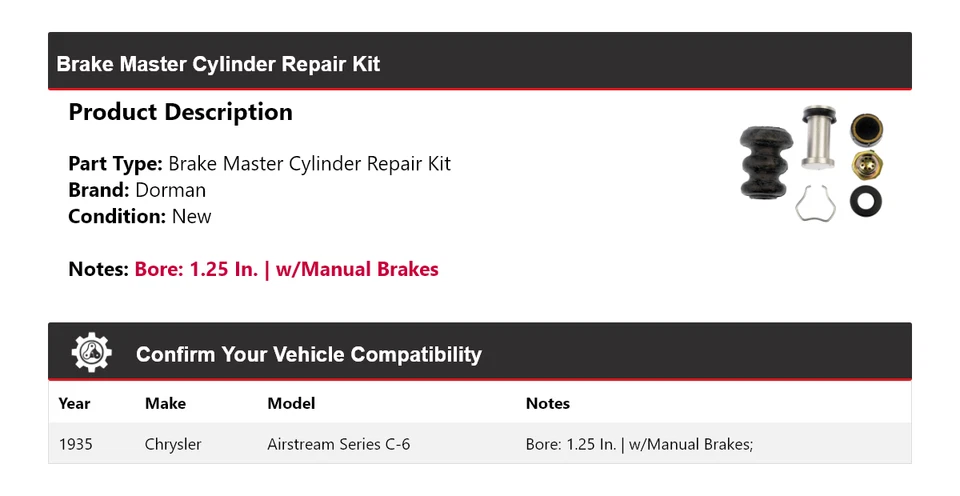 Kit de reparación de cilindro maestro de freno Dorman serie C-6 Chrysler Airstream 1935 Foto 2 de 3
