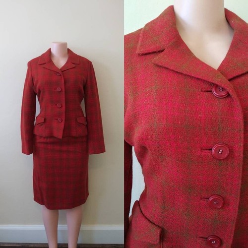 Vintage 1950s Mario Forte Handmacher orange and red plaid suit / 27 waist