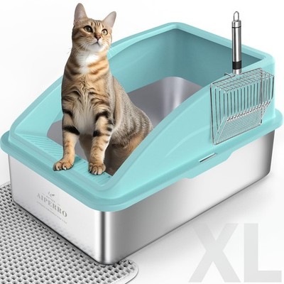 Stainless Steel Cat Litter Box XL Enclosed High Sided Turquoise AIPERRO Boxs