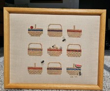 Vintage Complete Needlepoint Framed Picture Basket of Fruit  Ants 13 X 15