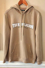 True Religion Men  s L Beige Pullover Hoodie Cotton Blend Fleece Logo Pockets