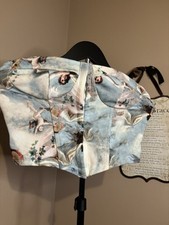 Strapless Boned Corset Bustier Top Blue Angel Graphic Print Demi Cup. Size S.