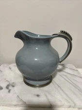 Arte Italica Made In Italy Pitcher  Pastel Blue Ceramic Pewter Base Roman Handle