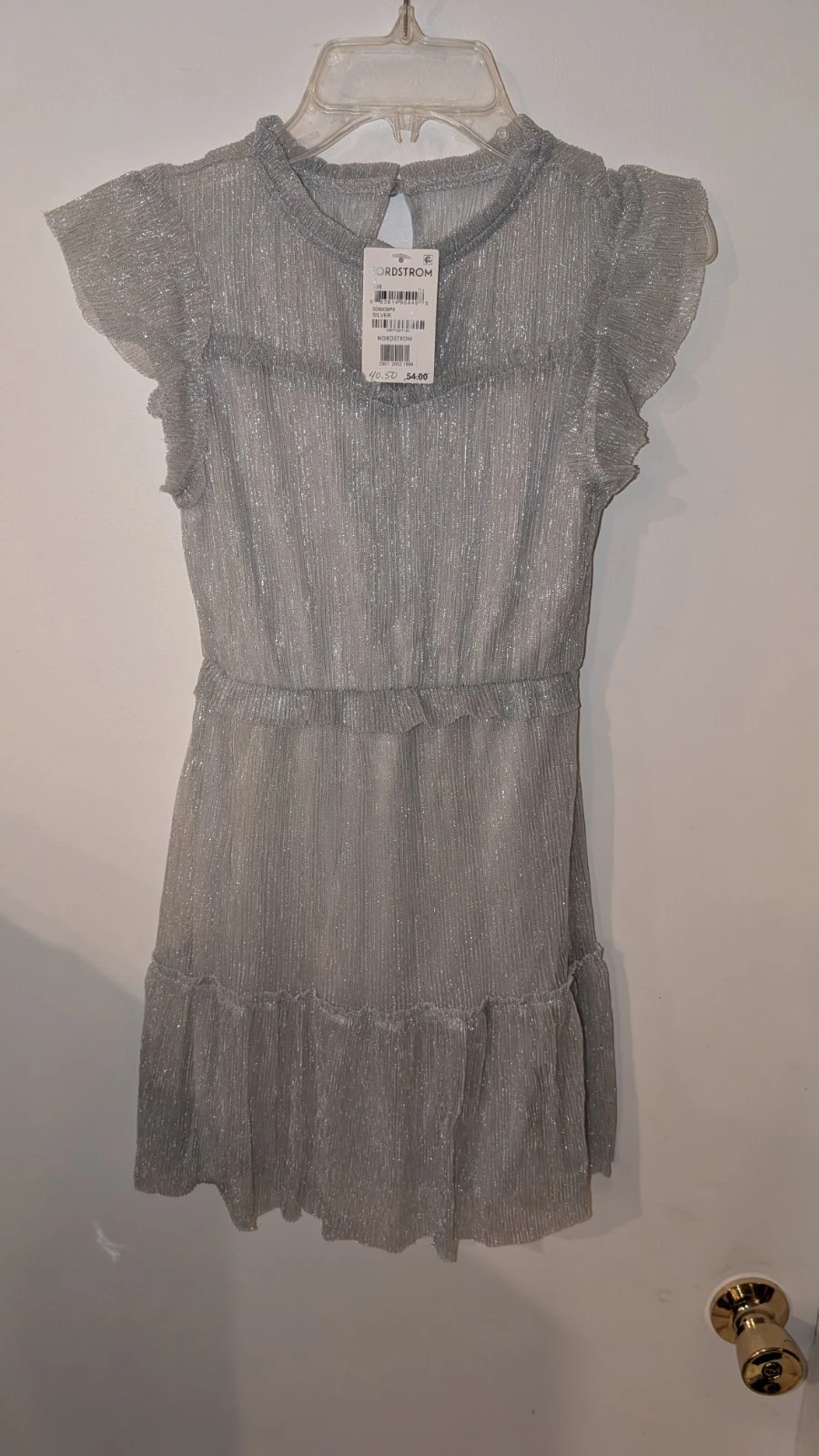 Zunie Nordstrom Girls Silver Metallic Pleated Ruffle Sleeve Party Dress Size 8 N