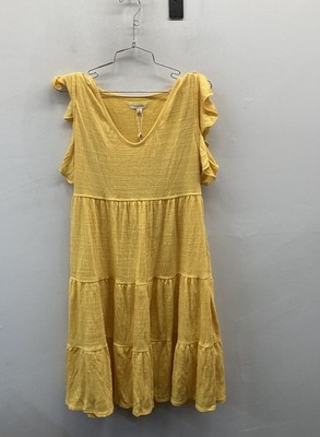 Max Studio Women's Yellow Tiered V-Neck Flutter Sleeve Textured Dress NWT Sz L