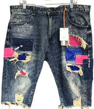 NOS Mens Smoke Rise DNM CO. Bold Graphic Denim Shorts 38 Distressed Hand Crafted