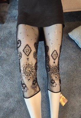 GL18BK Gorgeous black stretch mesh  beaded Leggings Capri, Hi Qlty.  Sz M NWT