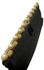 Vintage Black Evening Bag Clutch Faux Pearls Frame Pave Rhinestones