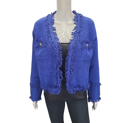 Womens Open Front Fringed Trim Cardigan Large Size Blue Long Sleeves