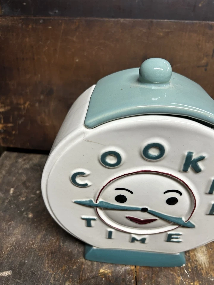 Tarro de cocina "Cookie Time" - Abingdon EE. UU. 653 de colección 1949 raro esfera de reloj azul verde azulado Foto 2 de 4