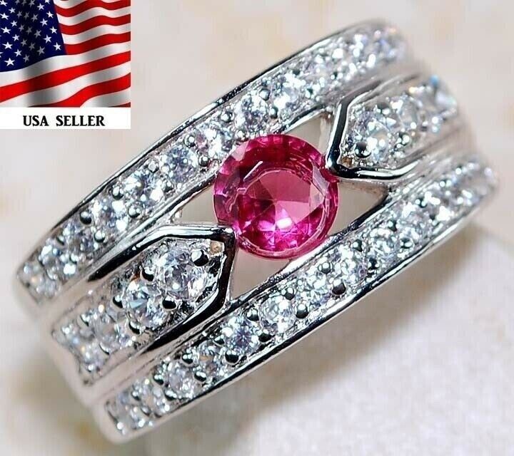 3CT Heat Treated Rubellite Tourmaline 925 Solid Sterling Silver Ring Sz 8 U4-6