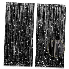 2 Pack 3.2ft x 8.2ft Tinsel Foil Fringe Curtains, Metallic Foil Tinsel Black