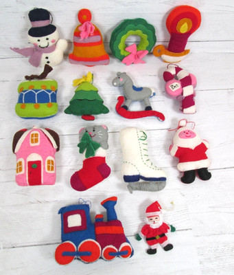 Vintage Handmade Felt Christmas Ornament Lot Retro Kitsch Cat Ice Skate Stocking