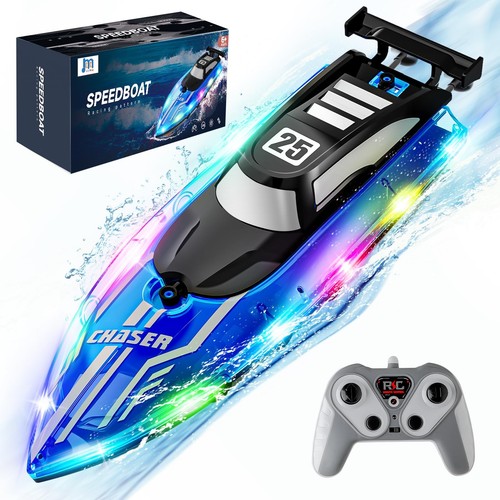 RC Boat for Kids with LED Lights, 2.4Ghz Remote Control Racing Boats for 8-12...
