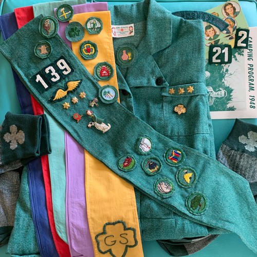 Girl Scout Lot- Badges, Pins, Sash, Socks, Uniform, More...