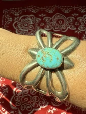 Vintage 60s Turquoise & Silver Cuff Bracelet Butterfly Hippie Native Western