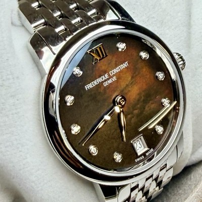 Swiss Frederique Constant Slimline Black MOP .05 Ct Diamond Dial FC-220MPBD1S26B