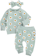 3Pcs Baby Girl Outfits Daisy Sweatshirt  Pants  Headband Infant Fall Winter Cl