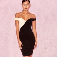 House of CB | Rodene Two-Tone Black & Tan Dress |Size Extra Small
