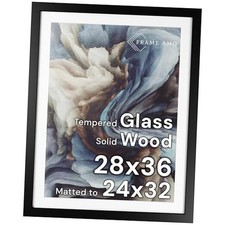 Solid Wood Poster Frame, White Mat for 24x32 Image, Tempered Glass 28x36 Black