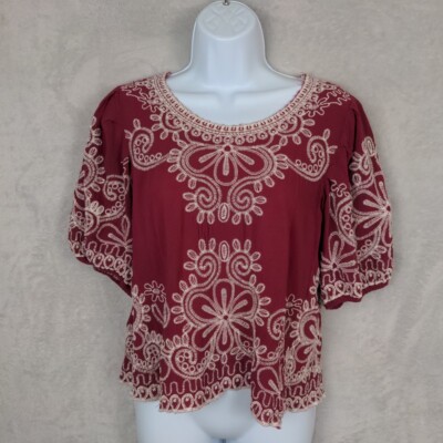 Solitaire Blouse Shirt Women Large Red Floral Embroidered Puff Short Sleeve Crop