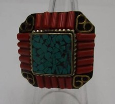 Vtg Tibetan Nepalese Artisan Turquoise Coral Square Statement Ring Size 6
