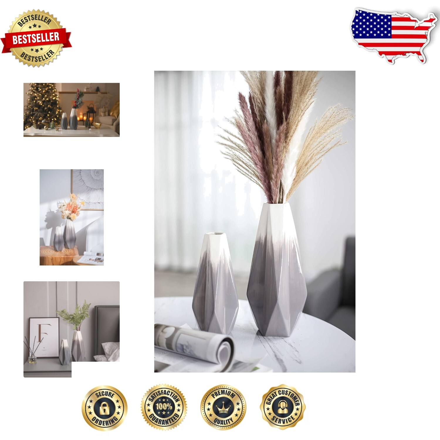 Chic Flower Vases Set of 2 - Grey and White Ceramic Decor for Home, Gifts & More