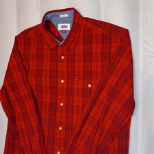Tommy Hilfiger Slim Fit Coupe Etroit Button Down Shirt XL Men's Red Plaid