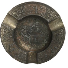 Vintage Antique Bronzed Engraved Scenic Colonial Village 3 Cigar Ashtray Japan