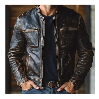Men s Distressed Vintage Leather Biker Jacket   Retro Café Racer Motorcycle