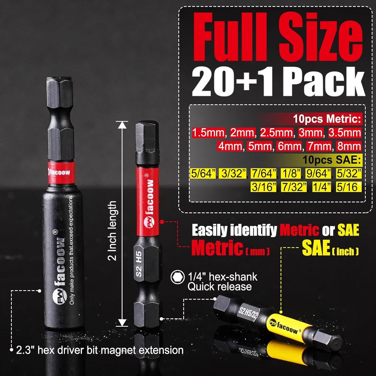 Facoow Hex Bit Set, S2 Alloy Steel Allen Wrench Drill Bit Set with ...